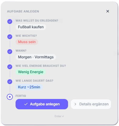 Dopamind Aufgabe anlegen mit Priorität, Wann und Energie-Auswahl.